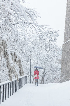 woman with a red coat and blue umbrella walking in the snow