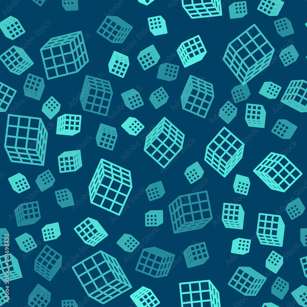Poster green line rubik cube icon isolated seamless pattern on blue background. mechanical puzzle toy. rubi