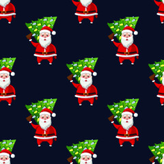 Seamless pattern for Christmas holiday with happy Santa Claus and Christmas tree. Childish background. Vector Illustration on dark blue background