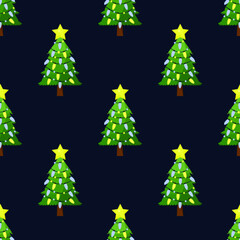 Obraz premium Seamless pattern for Christmas holiday with simple Christmas tree. Childish background. Vector Illustration on dark blue background
