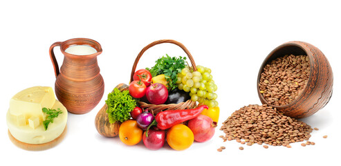 natural products isolated on white background. Healthy food. Panoramic collage. Wide photo.