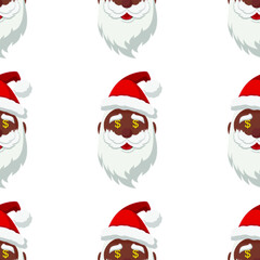 Seamless pattern for Christmas. Black Santa Claus with dollar symbol in eyes. Vector Illustration on transparent background