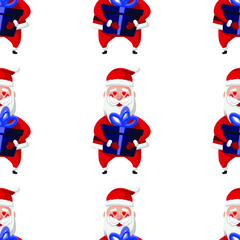 Seamless pattern for Christmas holiday. Santa Claus with heart in eyes and gift box. Childish background. Vector Illustration on transparent background