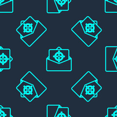 Green line Mail and e-mail icon isolated seamless pattern on blue background. Envelope symbol e-mail. Email message sign. Vector.