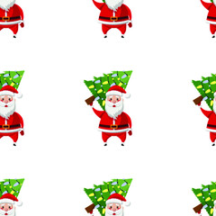 Seamless pattern for Christmas holiday with happy Santa Claus and Christmas tree. Childish background. Vector Illustration on transparent background