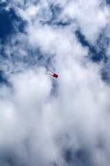 Aquilone rosso in volo tra nubi bianche