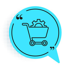 Black line Shopping cart icon isolated on white background. Online buying concept. Delivery service. Supermarket basket. Blue speech bubble symbol. Vector.