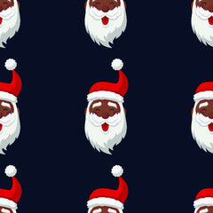 Black cartoon happy Santa Claus. Christmas Seamless Pattern with Christmas elements. Vector Illustration on dark blue background