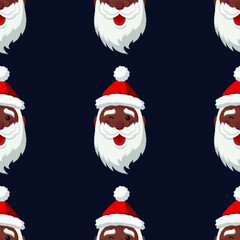 Black cartoon Santa Claus winks. Christmas Seamless Pattern with Christmas elements. Vector Illustration on dark blue background