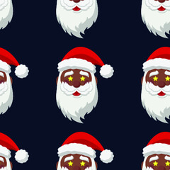 Black cartoon Santa Claus with star in eyes. Christmas Seamless Pattern with Christmas elements. Vector Illustration on dark blue background