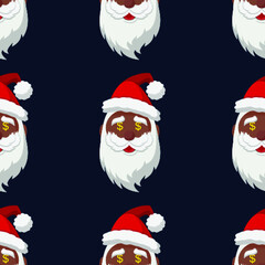 Black cartoon Santa Claus with dollar symbol in his eyes. Christmas Seamless Pattern with Christmas elements. Vector Illustration on dark blue background