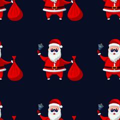 Happy cute cartoon Santa Claus with handbell and bag. Christmas Seamless Pattern with Christmas elements. Vector Illustration on dark blue background