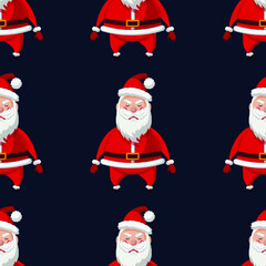 Sad cartoon Santa Claus. Christmas Seamless Pattern with Christmas elements. Vector Illustration on dark blue background