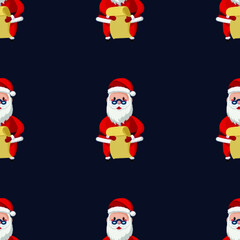 Cute Santa Claus with long paper list. Christmas Seamless Pattern with Christmas elements. Vector Illustration on dark blue background