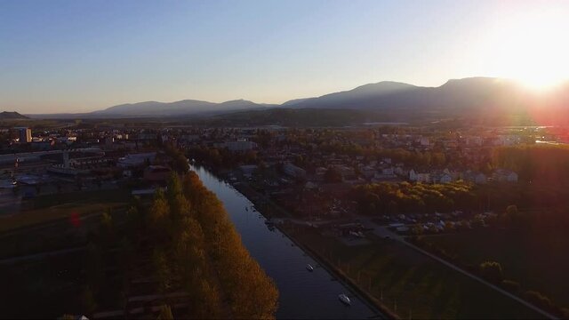 Beautiful aerial view of the city of Yverdon-les-Bains, Switzerland, Drone, Sunset