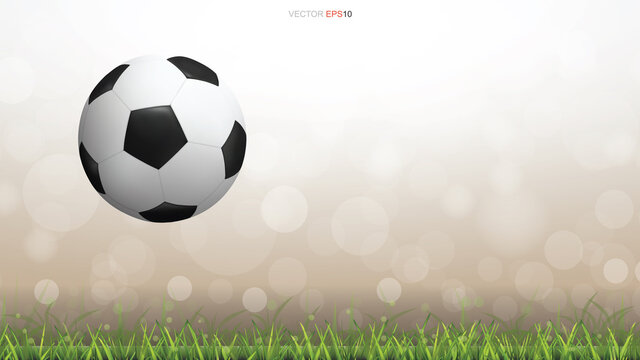 Soccer football ball on green grass field with light blurred bokeh background. Vector.