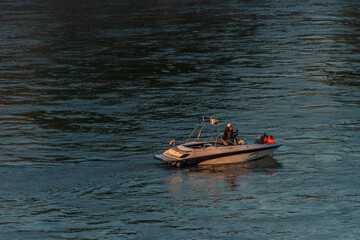 Bratislava capital in summer evening with color sunset boat and river Donau