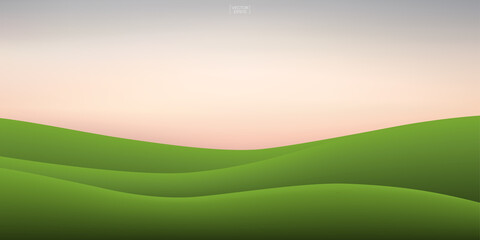 Obraz premium Green grass hill and sunset sky background. Outdoor natural background for template design. Vector.