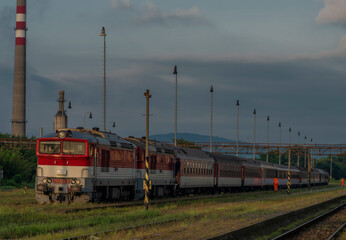 Night fast train after long overnight way from Bratislava in Humenne station