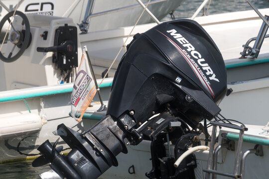 Fregene, Italy - August 30, 2020: Mercury Marine outboard motor
