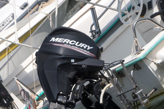 Fregene, Italy - August 30, 2020: Mercury Marine outboard motor