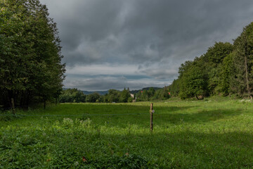 Green forests and road to Slovakia Poland border near national park Poloniny