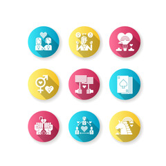 Gay symbolics flat design long shadow glyph icons set. Pride society lifestyle signs. Bisexual parade. Rainbow unicorn. Silhouette RGB color illustration