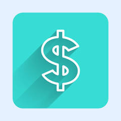 White line Dollar symbol icon isolated with long shadow. Cash and money, wealth, payment symbol. Casino gambling. Green square button. Vector.