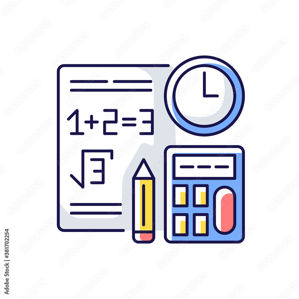 Poster computational exam rgb color icon. math testing. time task. calculations answer. plus, minus, mathem