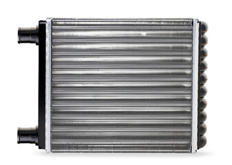 Fototapeta premium New heater radiator for car on a white background, isolated. Top view radiator stove