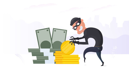The robber steals money. The criminal steals gold coins. Robbery and finance security concept. Flat style, vector.