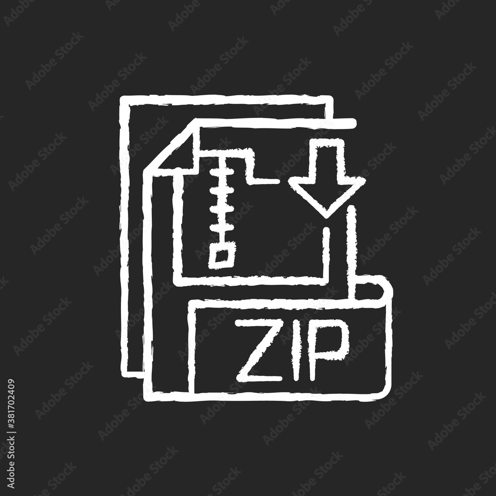 Poster zip file chalk white icon on black background. lossless-compression binary file format. encryption, 
