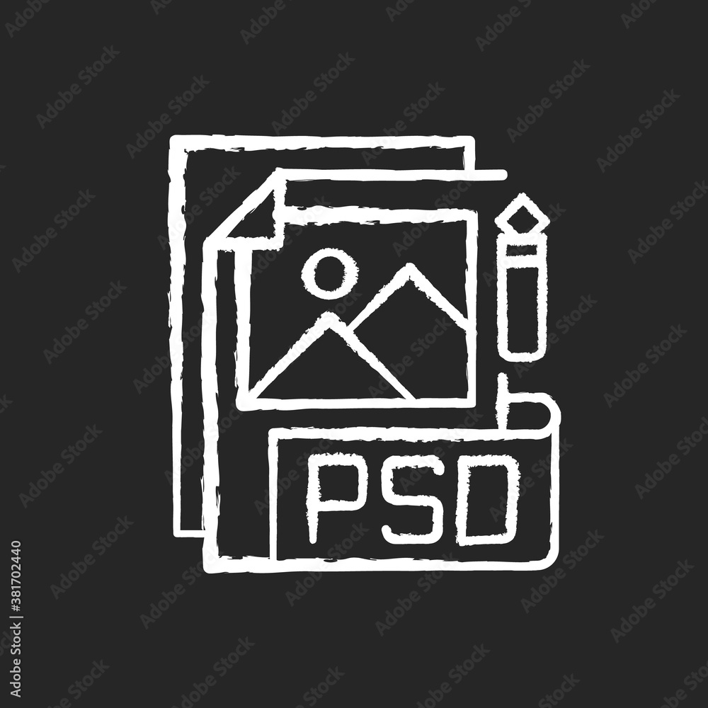 Fototapete PSD file chalk white icon on black background. Layered image file format. High quality graphics data. Data saving. PSD layers, shapes, text, effects modifying. Isolated vector chalkboard illustration