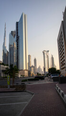 Dubai Financial Center road. Address Sky view hotel and Burj Khalifa tallest building in the world can be seen on the scene.