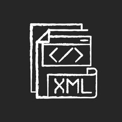 XML file chalk white icon on black background. Extensible markup language. Text editor. Storing and transport data. Conversion. Standard office file format. Isolated vector chalkboard illustration