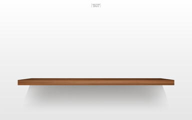 Empty wooden shelf on white background with soft shadow. Vector.