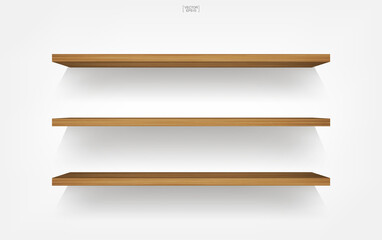 Empty wooden shelf on white background with soft shadow. Vector.