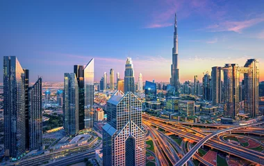 Afwasbaar Fotobehang Dubai Dubai city center skyline with luxury skyscrapers, United Arab Emirates