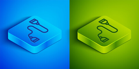 Isometric line Chest expander icon isolated on blue and green background. Square button. Vector.