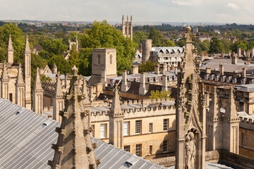 Oxford, UK 18/07/2019 Skyline from unusual view showing spires and roofs in sun