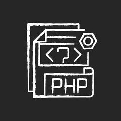 PHP file chalk white icon on black background. Source code file. Hypertext Preprocessor code. Webpage files. String, integer, floating point number. Isolated vector chalkboard illustration