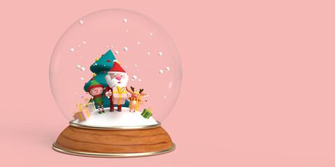 Illustration 3D d'un globe de neige de Noël avec le père Noël, lutin renne et sapin. - obrazy, fototapety, plakaty