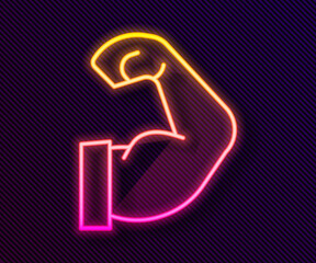 Glowing neon line Bodybuilder showing his muscles icon isolated on black background. Fit fitness strength health hobby concept. Vector.