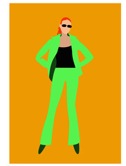 Redhead girl in an elegant light green suit on a yellow background. Vector image for illustrations.