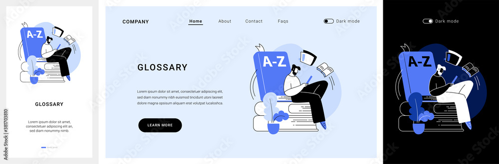 Poster glossary website ui kit. website element, company web page, menu bar, reference source, terms and ex