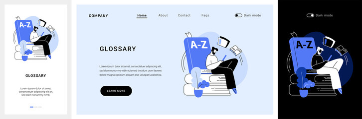 Glossary website UI kit. Website element, company web page, menu bar, reference source, terms and explanations, glossary, professional dictionary, UI landing and mobile app vector UI template. - obrazy, fototapety, plakaty