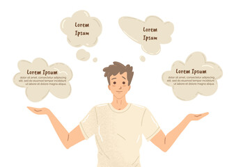 Man surrounded by speech bubbles. Thoughts bubbles. Vector illustration