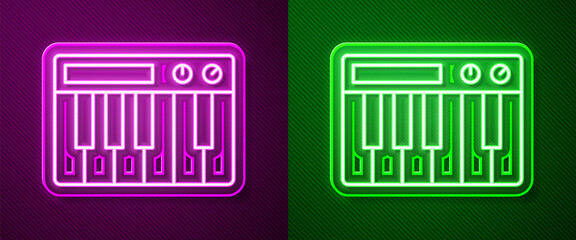 Glowing neon line Music synthesizer icon isolated on purple and green background. Electronic piano. Vector.