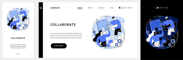 Collaboration website UI kit. Business partnership, collaboration project, corporate website, menu tab, work together, available project, user experience landing and mobile app vector UI template.