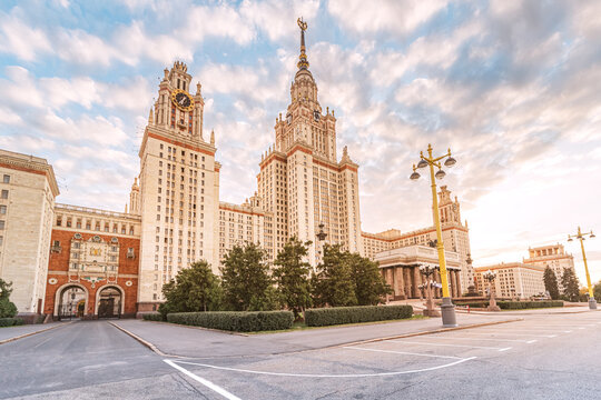 The majestic building of the Lomonosov Moscow State University. Architecture in the style of the Stalinist Empire.
